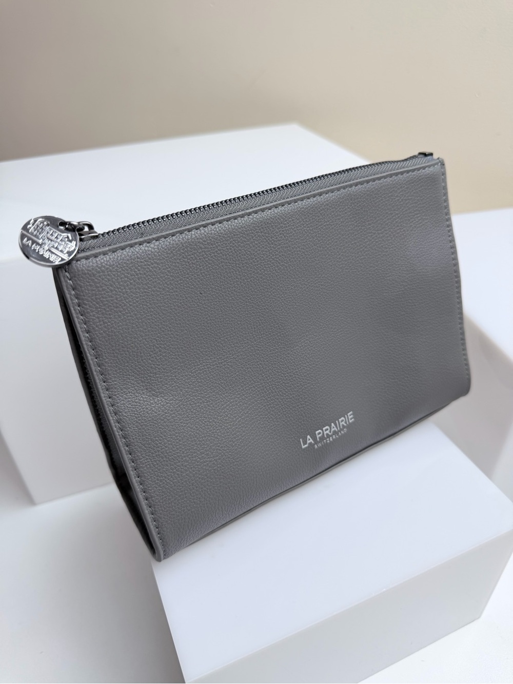 La Prairie Switzerland Gray Zip Top Cosmetic Bag Makeup Pouch